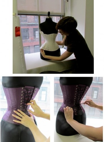 On top: Angela puts a sample in it's beginning stages on a corset form. Bottom left and right, she demonstrates the process of tightening and fastening the laces in the back.