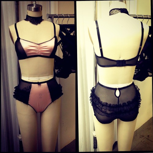 The Laurel Bralet with ruched silk and stretch mesh, paired with the Adrienne High Waisted Panty, complete with keyhole closure and removable garters.